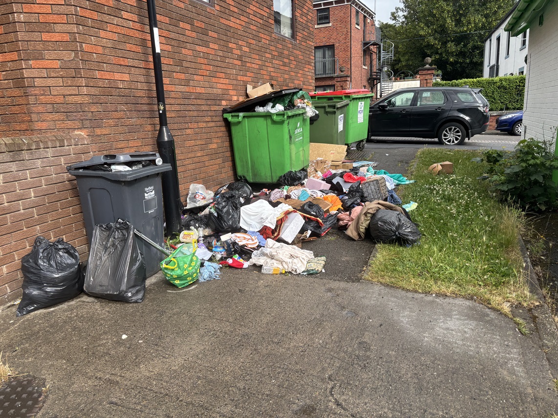 Rubbish piled up next to commerical waste collection bins