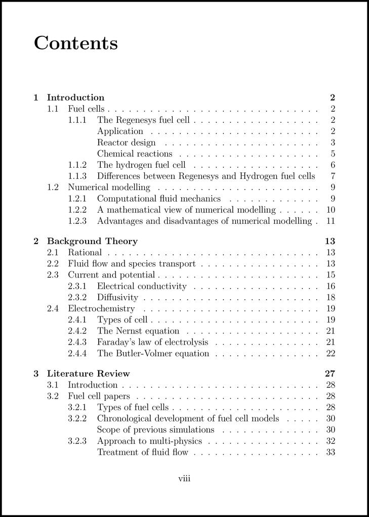 An example contents page from a technical report listing all of the sections and subsections that make up the report. Each section and subsection is numbered, along with a page number to enable the reader to skip directly to the part of the report they are interested in.