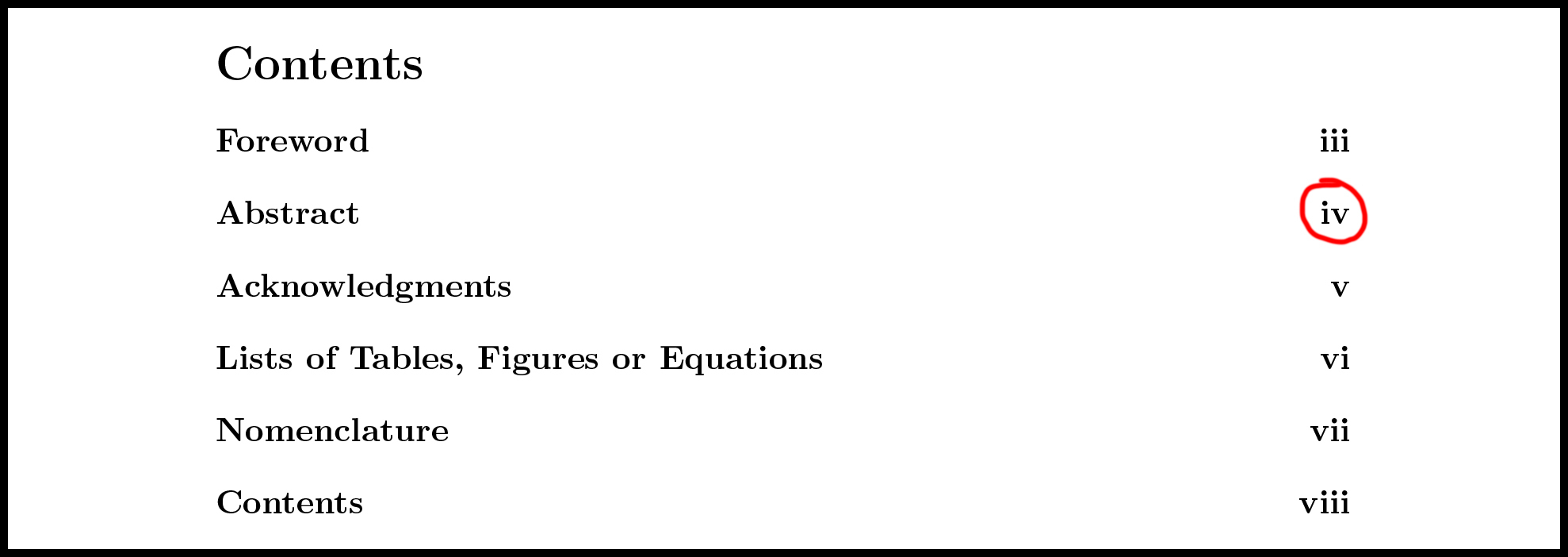 An example of a front matter contents page, with the pages numbered in lower case roman numerals, for example i, ii, iii, iv, vi and so on.