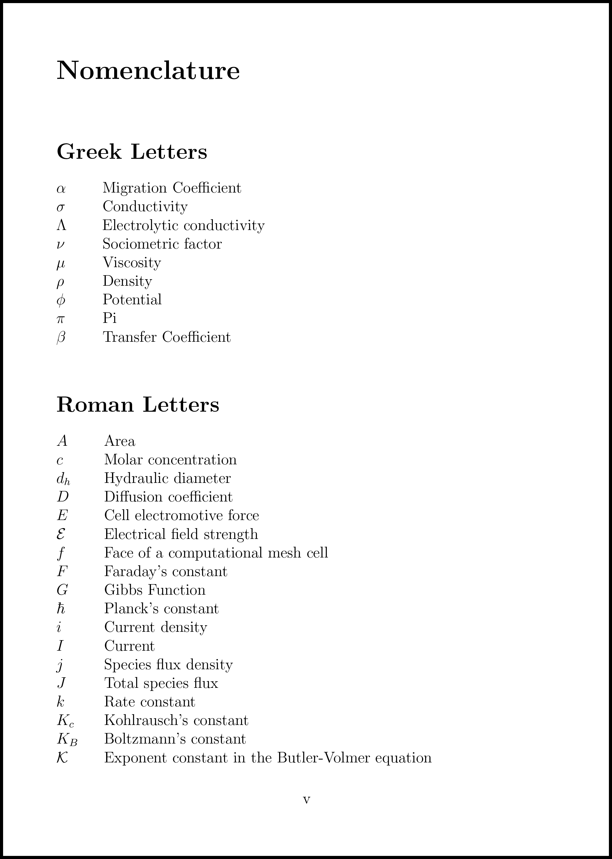 An example nomenclature section. All symbols used in the report are defined for the reader in this dedicated section.