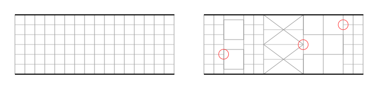 Comparison between left) a conformal mesh right) a non-conformal mesh, with some of the hanging nodes identified with a red circle.