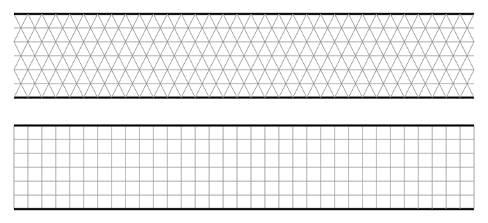 A 2D cross section of a pipe that has been meshed entirely with top) tris and bottom) quads.