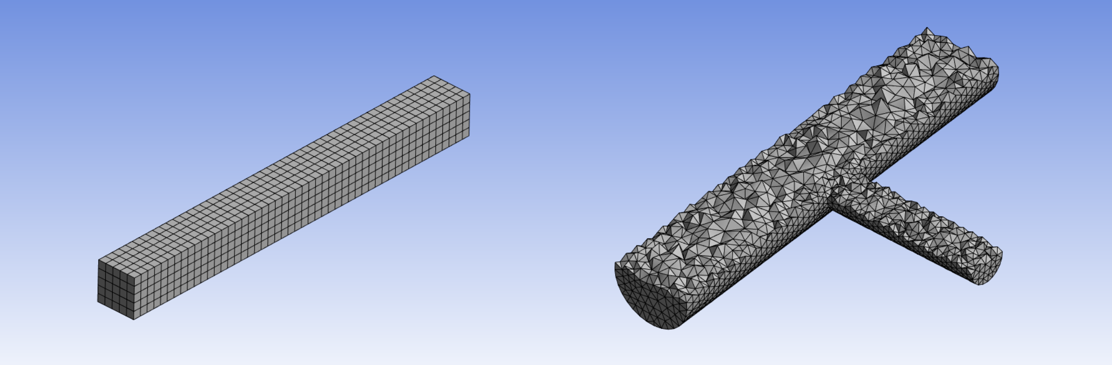 Illustrations of applications for hex and tet elements left) a simple cuboid shape well suited for a structured mesh of hexes right) a more complex shape requiring the use of tets to automatically generate a mesh.