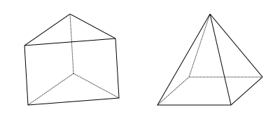 Elements that can joing tets to hexes. Left) A wedge and right) A pyramid
