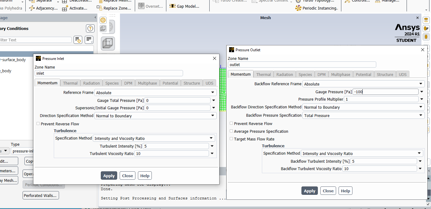 Screenshot illustrating the Fluent interface for setting velocity and turbulence boundary conditions