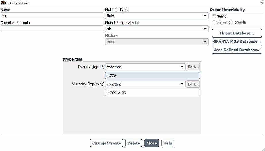 Screenshot showing the default values for air in the Materials Panel.