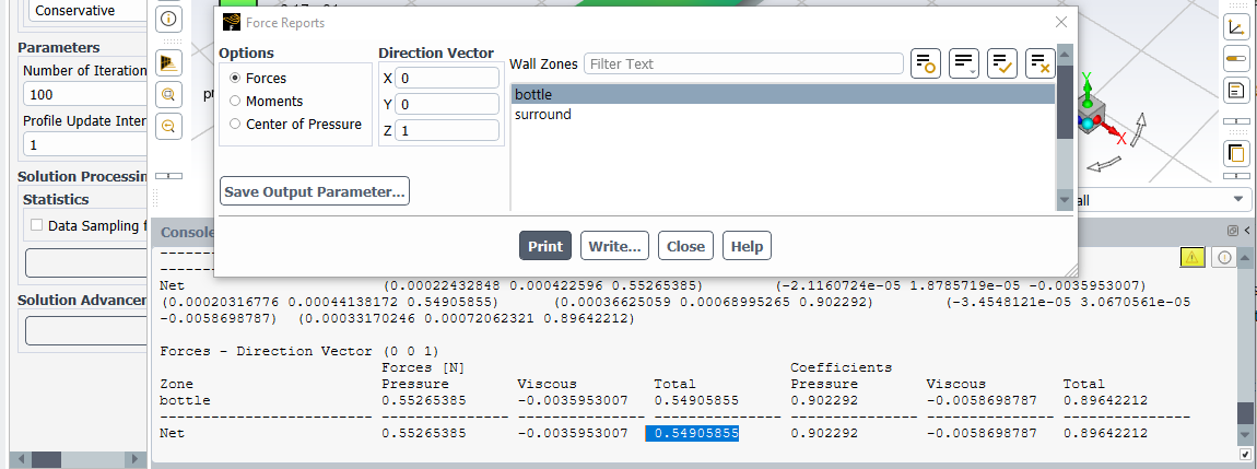 Screenshot of the Fluent interface and Force Reports window. The settings for the direction vector and wall zone are shown in the window and the reported force is shown in the console.