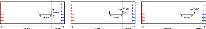 Schematic diagram of the bottle rocket in three configurations. Left cylinder, middle with a cone on the leading edge and right with a rounded leading edge.