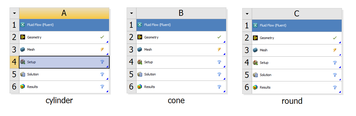 Screenshot showing the Ansys workbench items for the Cylinder, Cone, and Rounded Bottle Rockets