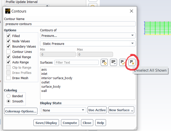 Screenshot illustrating the Fluent Contours window, indicating the Deselect All Shown button