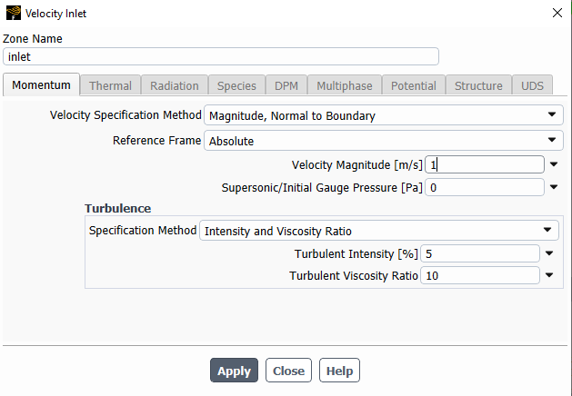 Screenshot illustrating the Fluent interface for setting velocity and turbulence boundary conditions