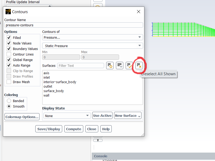 Screenshot illustrating the Fluent Contours window, indicating the Deselect All Shown button