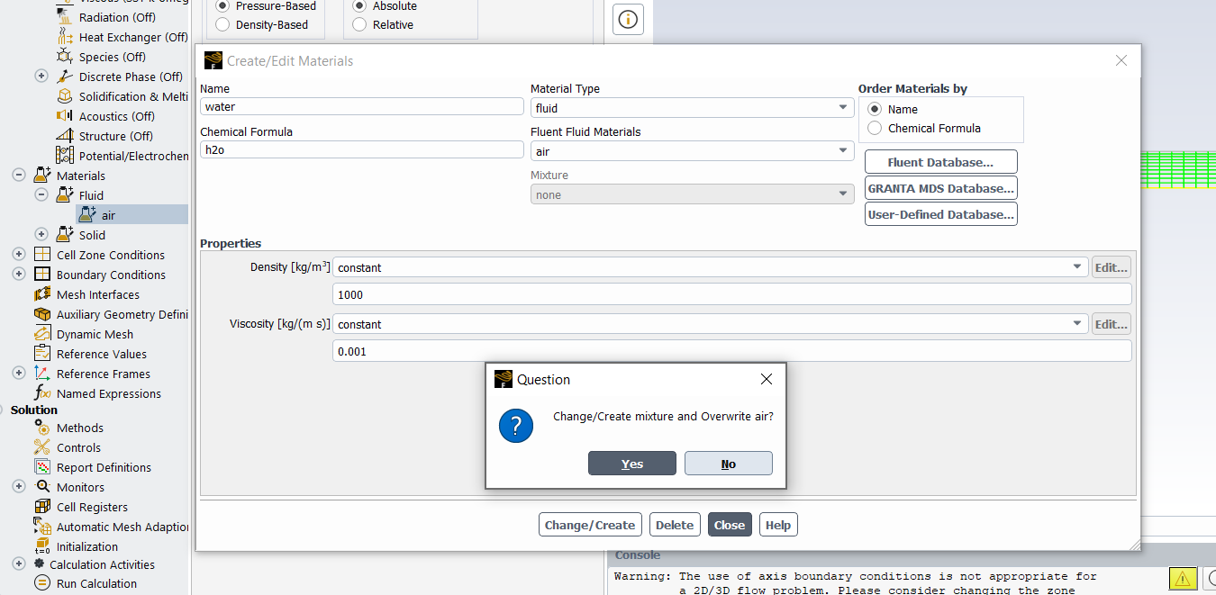 Screenshot displaying the Fluent interface for inputting density and viscosity values under material properties