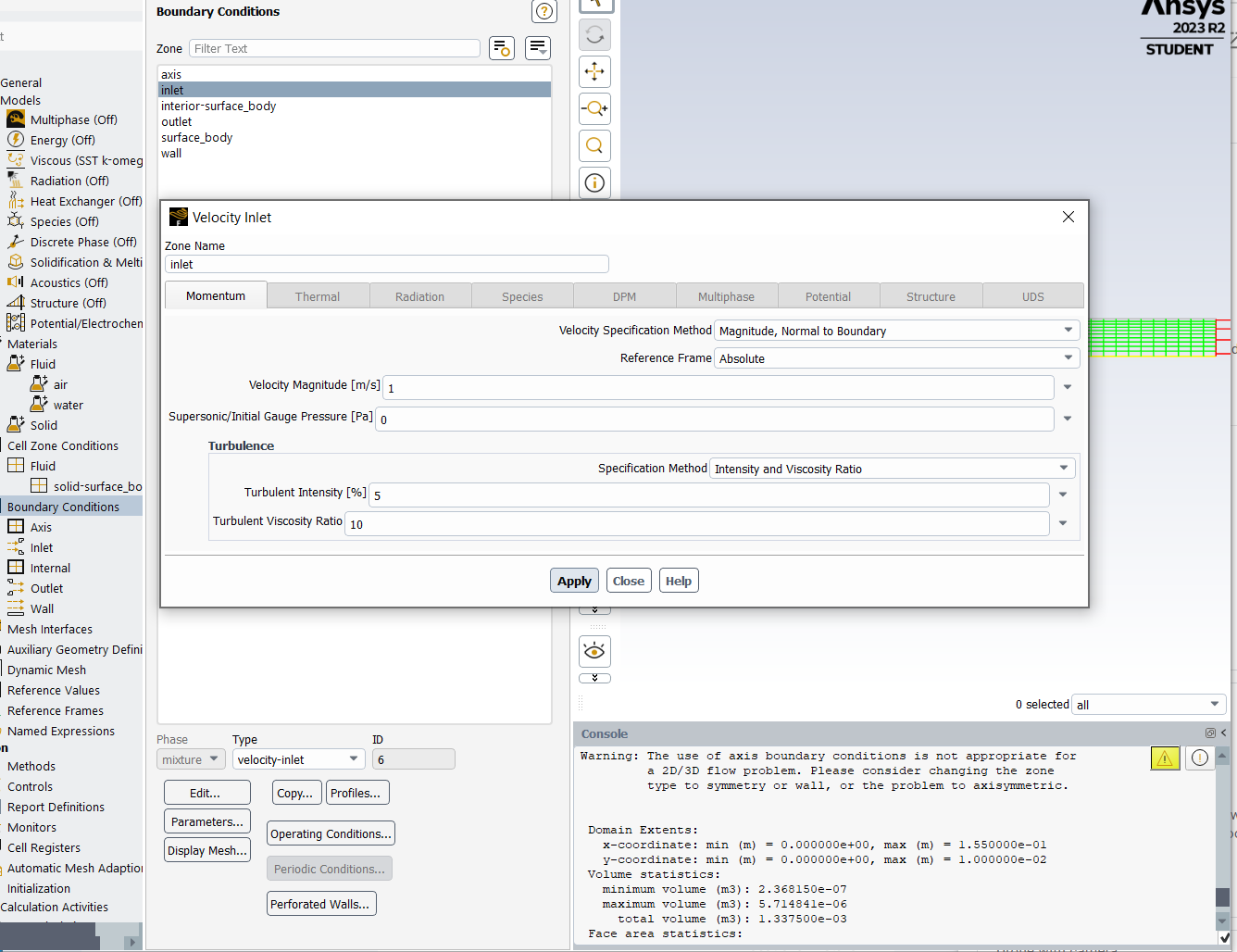 Screenshot illustrating the Fluent interface for setting velocity and turbulence boundary conditions